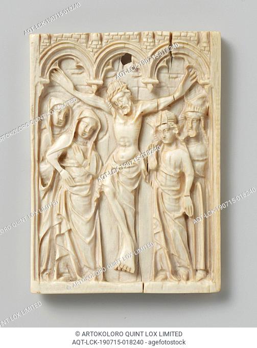 The Crucifixion with Mary, John the Evangelist and two unknown figures, A vertical plate ivory, with the Crucifixion of Christ under three Gothic arches