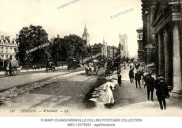 View looking West along Whitehall, London toward Big Ben and the Houses of Parliament