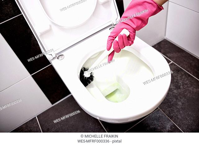 Woman cleaning toilet with toilet brush