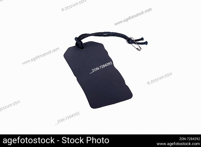 Side view of rectangle black label with rope, isolated on white background