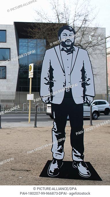 A cardboard figure in the likeness of currently imprisoned human rights activist, T. Kilic, standing during a protest in front of the Turkish Embassy in Berlin