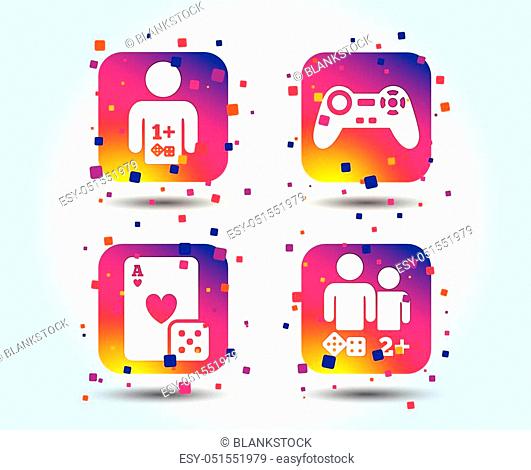 Gamer icons. Board games players signs. Video game joystick symbol. Casino playing card. Colour gradient square buttons. Flat design concept. Vector