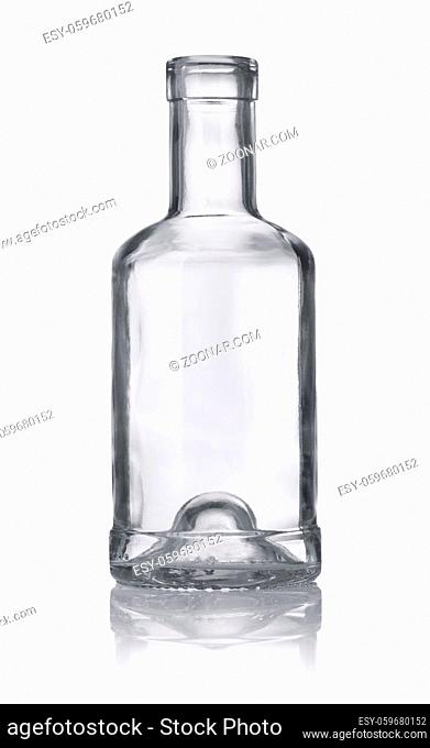 Front view of empty clear glass bottle isolated on white