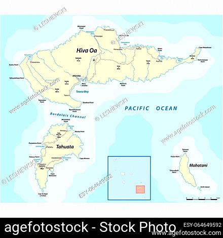 Map of the islands of Hiva Oa, Tahuata, and Mohotani, Marquesas Islands in French Polynesia