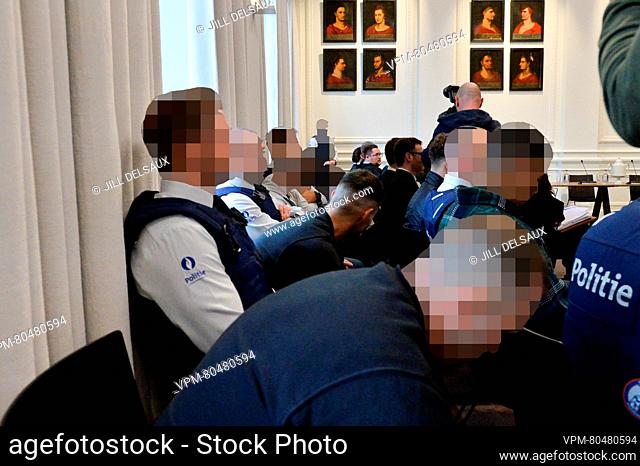 The accused pictured at the jury constitution session at the assizes trial of thirteen men, before the Assizes Court of Limburg Province