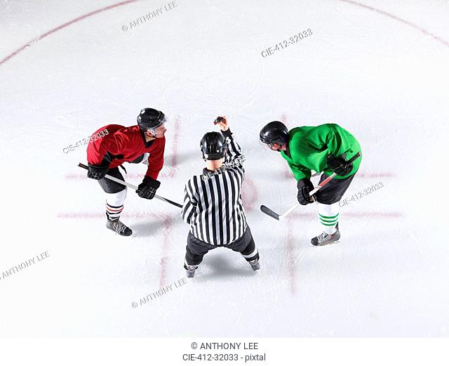 Hockey referee initiating opening face off between opponents
