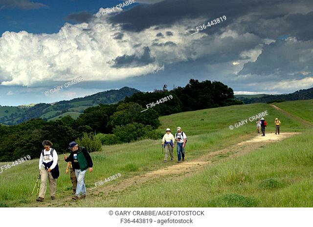 Group of adults hiking on trail path in geen hills below spring storm clouds Mount Diablo State Park, California