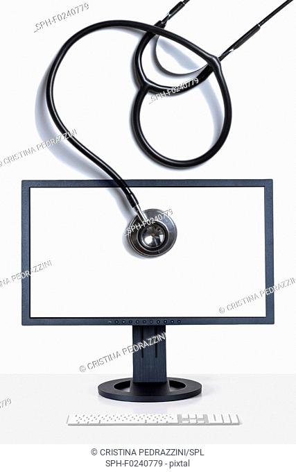Stethoscope and computer screen depicting computer health and telehealth
