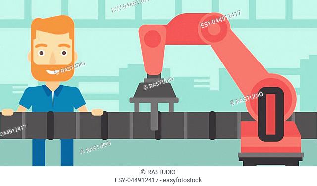 Caucasian refinery worker repairing pipeline with a robotic arm. Youn hipster mechanic and robotic arm installing oil pipeline at refinery plant