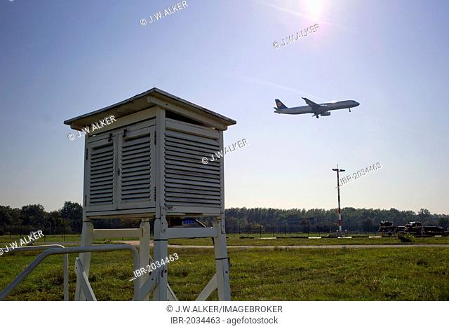 Weather station in front of a landing passenger airplane, Frankfurt Airport, Frankfurt am Main, Hesse, Germany, Europe