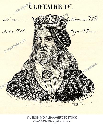 Portrait of Clotaire IV (684 - 719). King of France from 717 to 719. Merovingian Dynasty. History of France, from the book Atlas de la France 1842