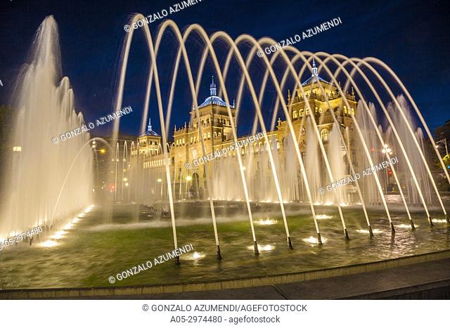 Fountain at Jose Zorrilla Square and Cavalry academy , Valladolid, Castilla y Leon, Spain