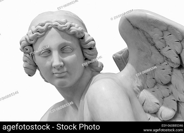 White angel of death against white isolated background as a symbol of the end of life. Ancient statue. Religion, eternal life, immortality, faith concept