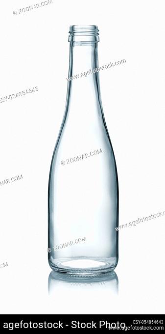 Front view of empty clear glass bottle isolated on white