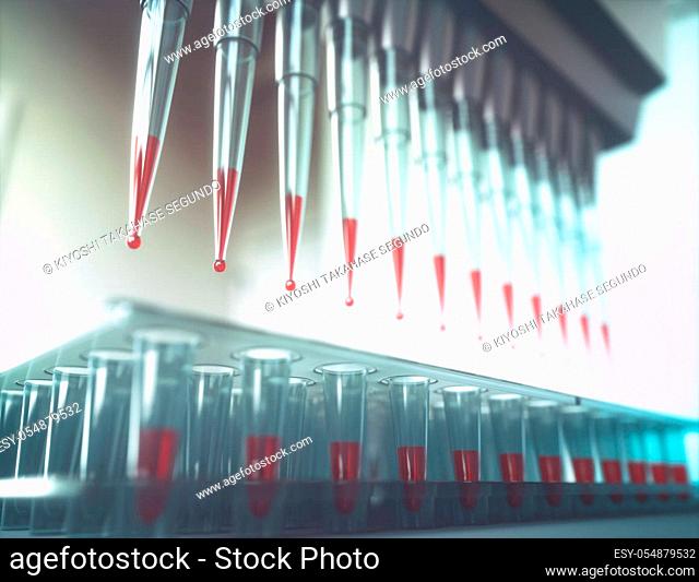 Multichannel pipette and multi well plates used in microbiology lab. 3D illustration