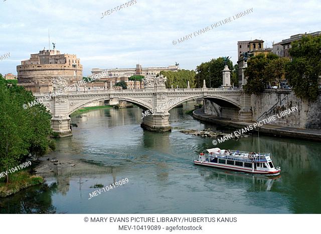 View of the River Tiber in Rome, Italy, at the Vittorio Emanuele II Bridge, with the Castel Sant'Angelo (sometimes also known as the Mausoleum of Hadrian) on...