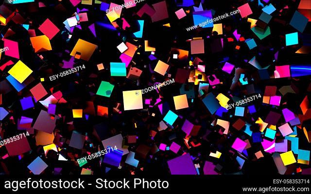 Multicolored random cubes filling the screen, computer generated. 3d rendering neon technological background