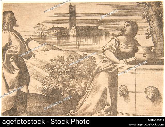 Christ standing at left addressing the Woman of Samaria at right who is standing by a well, lagoon in the background. Artist: Giulio Campagnola (Italian