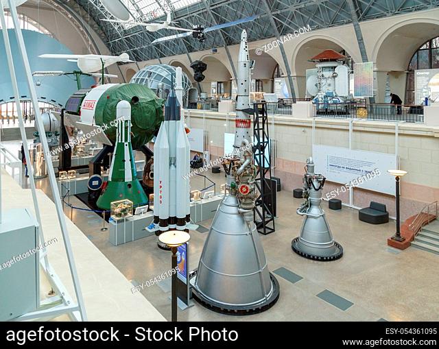 Moscow, Russia - November 28, 2018: Interior exhibition in the Space pavilion at VDNH. Modern museum of russian cosmos exploration