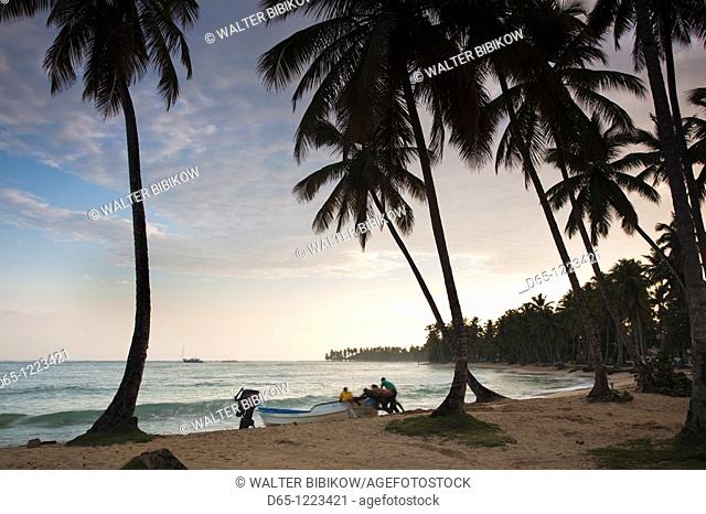Dominican Republic, Samana Peninsula, Las Terrenas, Playa Las Terrenas beach and fishermen, dawn
