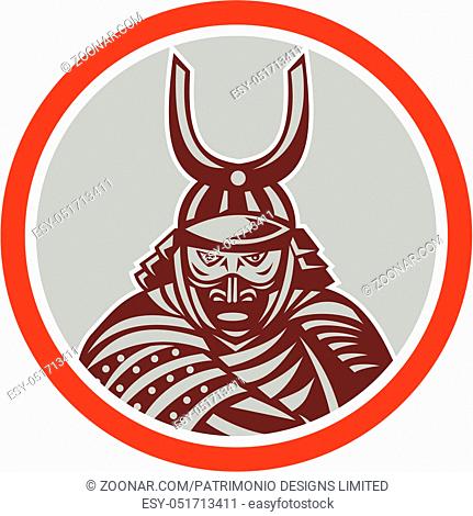 Illustration of a Samurai warrior with katana sword in fighting stance viewed from front set inside circle done in retro style on isolated background