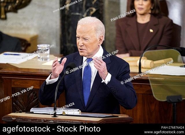 WASHINGTON, DC - MARCH 01: President Joe Biden, flanked by Vice President Kamala Harris, delivers his State of the Union address to a joint session of Congress...