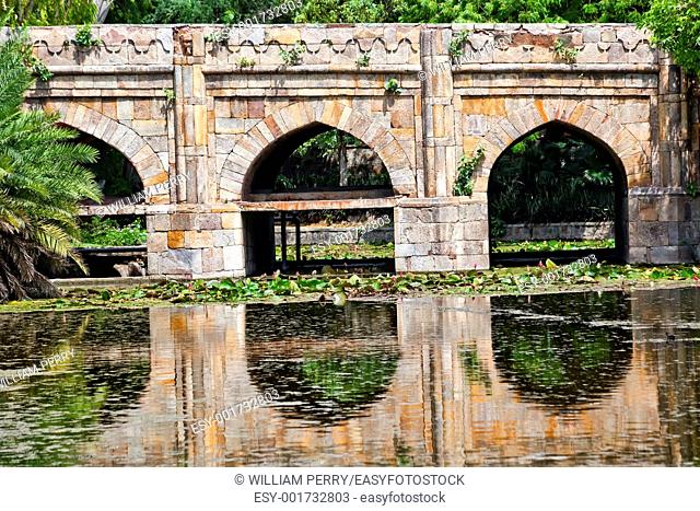 Athpula Eight Piers Stone Bridge Reflection Lodi Gardens New Delhi India 17th Century Bridge