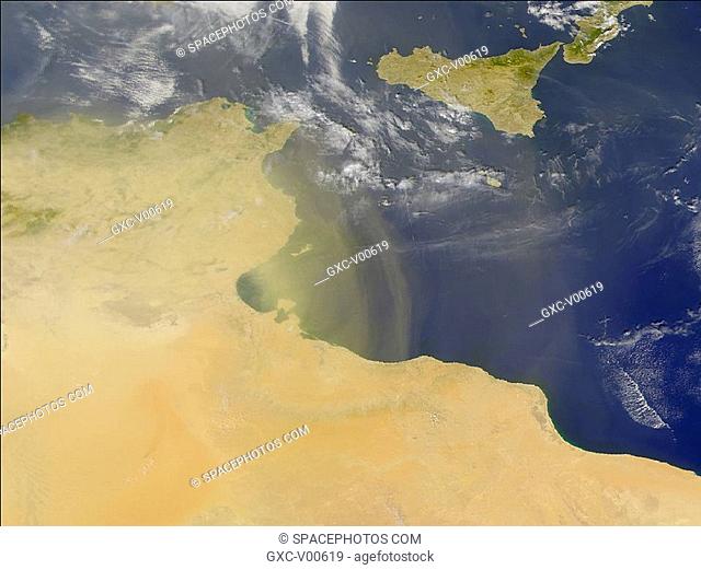 On October 6, 2001, the satellite captured this true-color image of a large dust storm blowing northeastward across the Mediterranean Sea from Tunisia