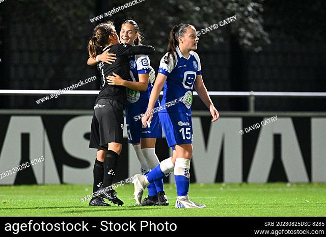 players of Gent with Goalkeeper Riet Maes (1) of AA Gent, Elfi Maass (21) of AA Gent and Ines Van Gansbeke (15) of AA Gent celebrating after a female soccer...