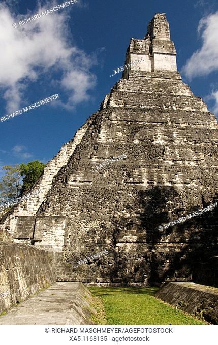 Temple 1 also know as the Jaguar Temple and Ball Court in foreground, Tikal National Park, Peten, Guatemala