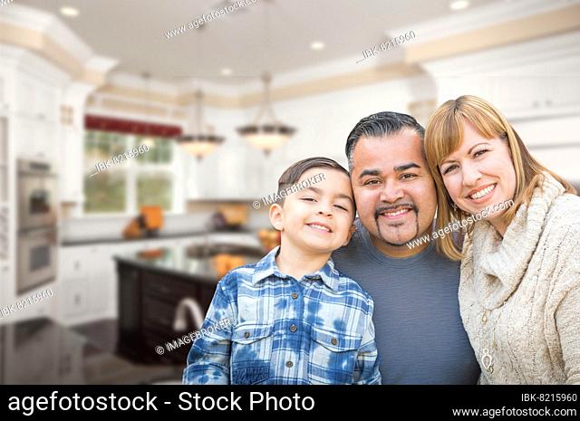 Young mixed-race family having in beautiful custom kitchen