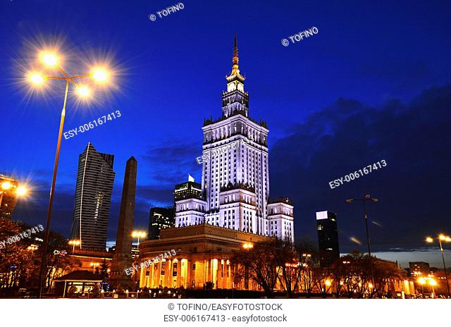 Warsaw city center with Palace of Culture and Science, the tallest building in Poland and the eighth tallest building in the EU