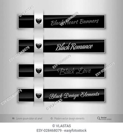 Black business tabs, ribbons, with black glossy heart. Modern vector design elements