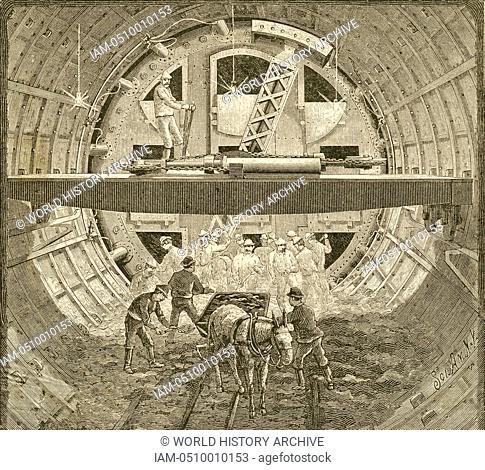 Alfred Ely Beachs (1826-1896) cylindrical tunnelling shield being used during work on the Hudson Tunnel Railroad Companys tunnel, New York