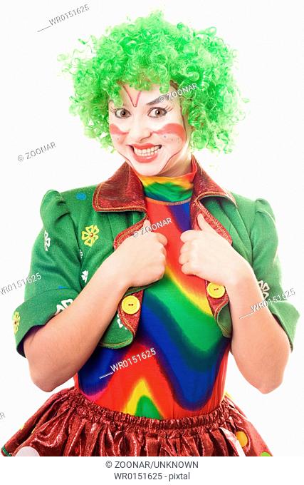 Portrait of smiling female clown. Isolated on white