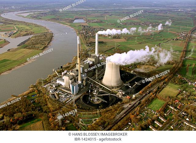 Aerial view, Rhine river bend, power plant steam clouds, STEAG power plant Moellen Voerde, North Rhine-Westphalia, Germany, Europe