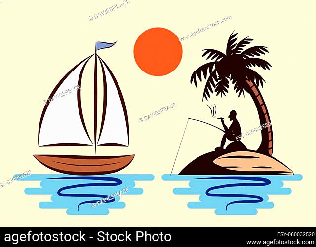 A man are fishing and smoking comfortably. On an island in the middle of the sea that has coconut trees. And there is a sailboat floating next to it