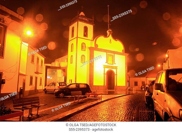 Little church illuminated at night. Ponta Delgada, Sao Miguel island, Azores, Portugal