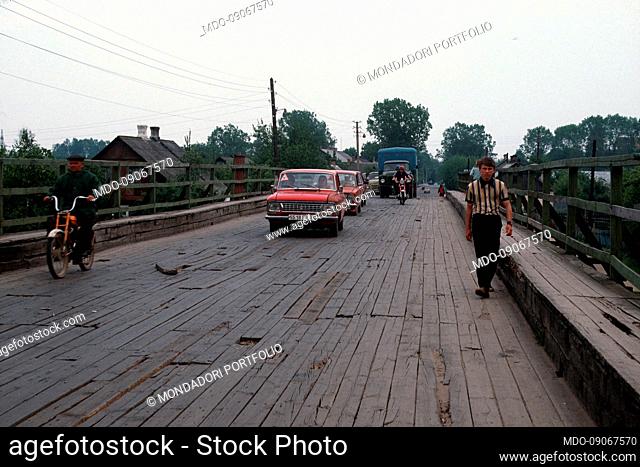 View of a wooden bridge built in Soviet times. Slonim (USSR today Belarus), May 28, 1990