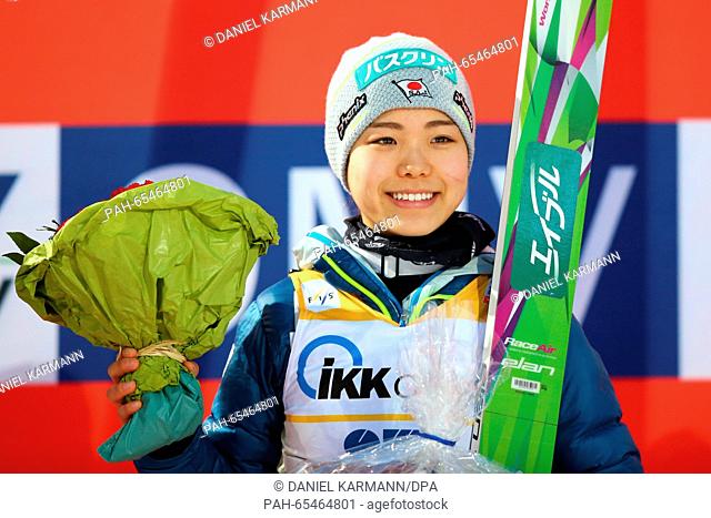 First-placed Sara Takanashi of Japan celebrates after the women's single event at the Ski Jumping World Cup in Oberstdorf, Germany