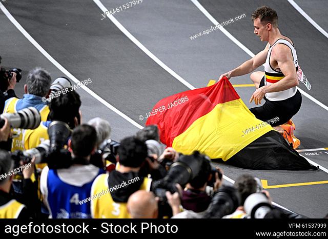Belgian Julien Watrin celebrates his silver medal at the men's 400m final at the 37th edition of the European Athletics Indoor Championships, in Istanbul