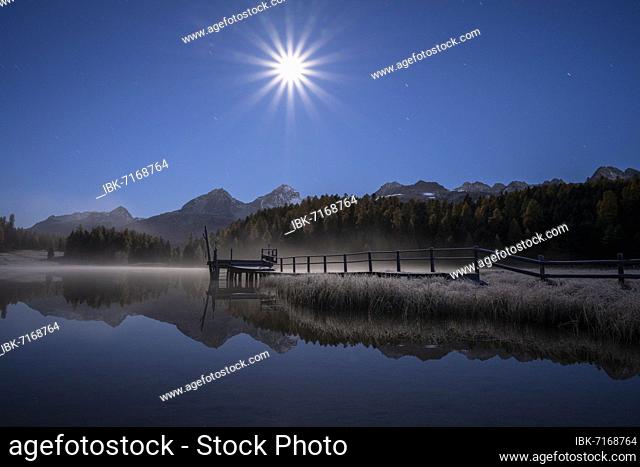 Lake Staz by moonlight, Lej da Staz, St. Moritz, Engadin, Grisons, Switzerland, Europe