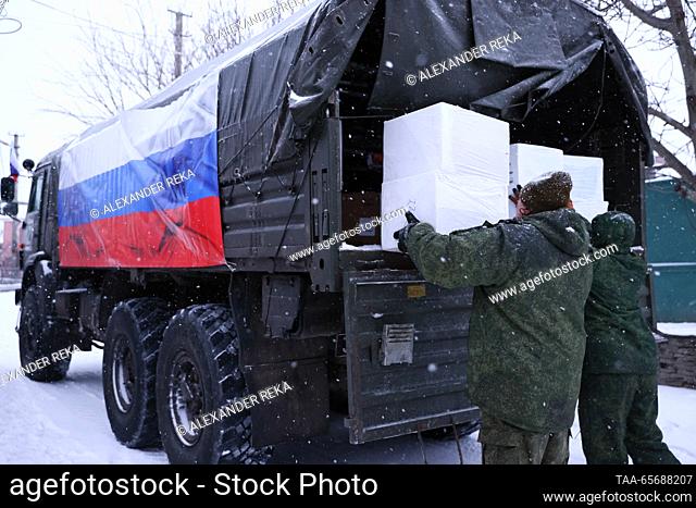 RUSSIA, LUGANSK - DECEMBER 12, 2023: SEPAR ZOV volunteers collect more than 20 pieces of special equipment and other supplies for shipping as humanitarian aid...
