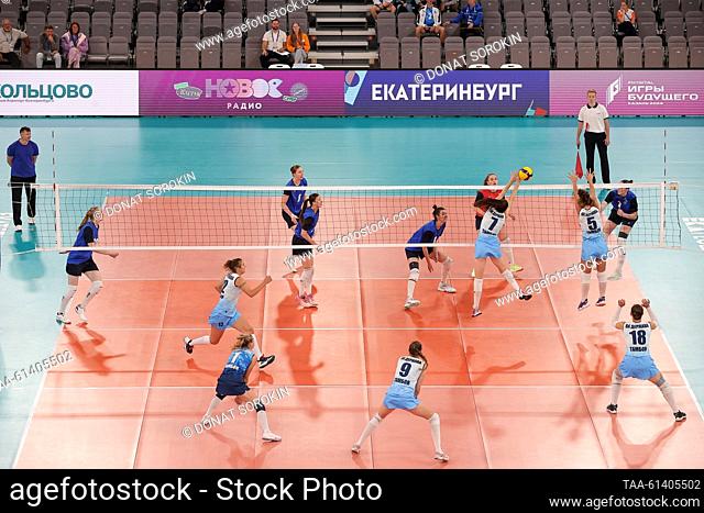 RUSSIA, YEKATERINBURG - AUGUST 27, 2023: A women's volleyball match between VC Derzhava (Russia) and Ural State University of Economics (Russia) during the 2023...