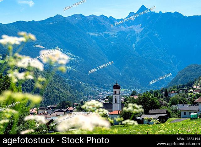 Europe, Austria, Tyrol, Ötztal Alps, Ötztal, Sautens, view over the parish church of Sautens to the Acherkogel
