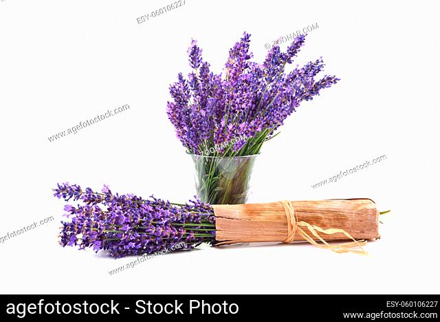 Beautiful blossoming lavender bouquet in small glass vase on a white background with copy space for your text