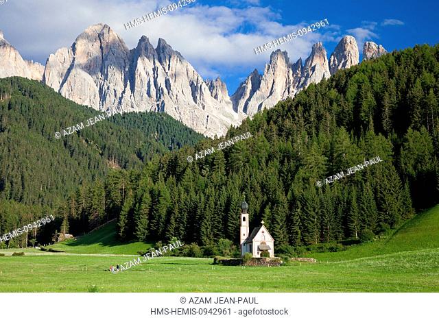 Italy, Trentino Alto Adige, Dolomites massif listed as World Heritage by UNESCO, Funes or Villnoss valley, Saint Johann church