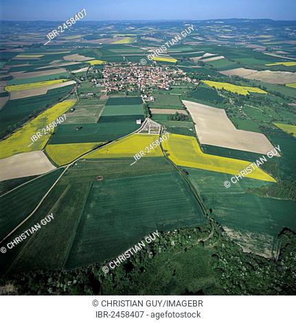 Aerial view, Agricultural landscape around the village of Charroux, Limagne plain, Bourbonnais, Auvergne, France, Europe