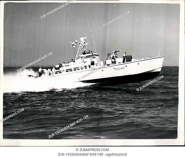 Apr. 04, 1953 - Fast Patrol Boat at exercise: Her Ma-sty's Fast Patrol Boat, Gay Bombardier, first of the Gay Class, built by Messrs Vosper, Ltd, of Portsmouth