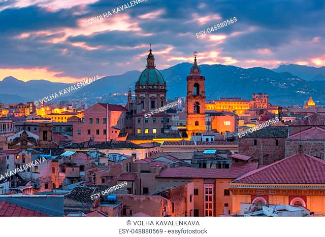 Aerial view of Palermo with Church of the Gesu at sunset, Sicily, Italy